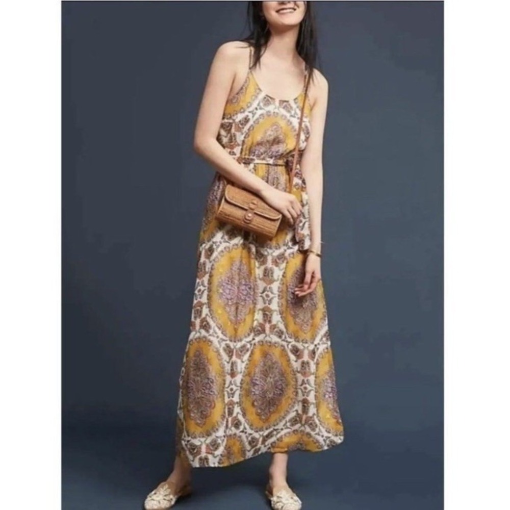 Anthropologie Medallion Yellow Maxi Dress Gold Chiffon Halter Neck wedding guest